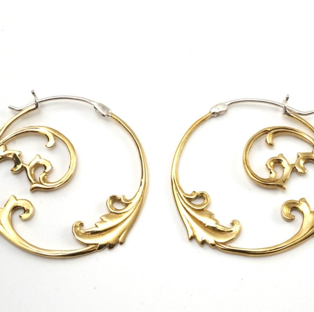 Floral Vine Hoop Earrings Brass with Silver Posts
