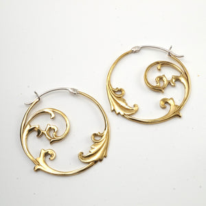 Gold Hoop Earrings - Art Nouveau Jewelry - Floral Vine Hoop Earrings - Leaf Earrings - Medium Hoops (098B)