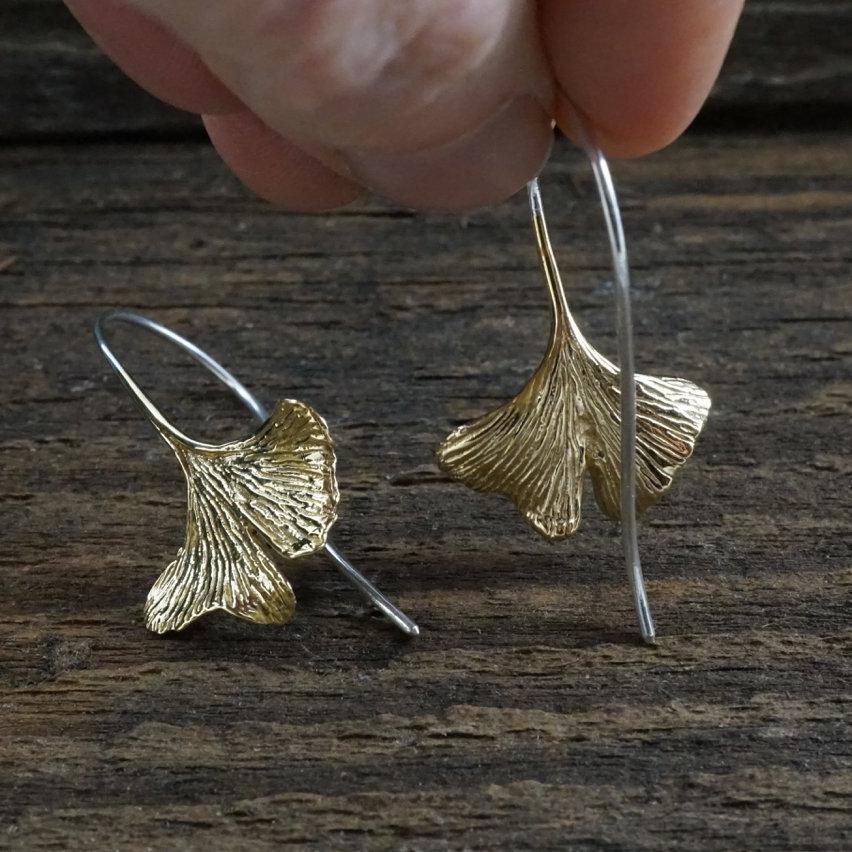Leaf Earrings - Ginko Leaf Earrings - dangle earrings - brass and sterling silver