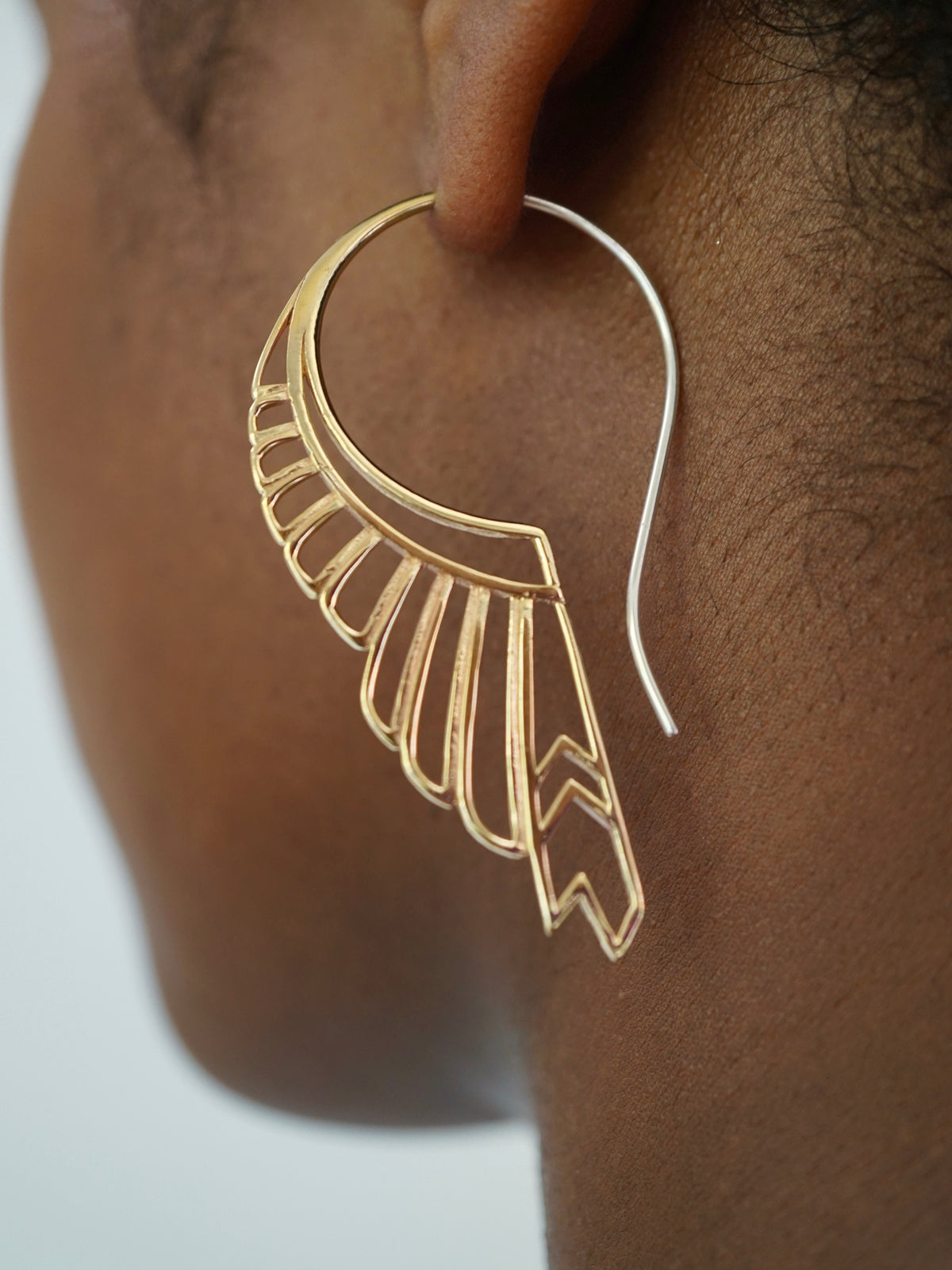 Large Feather Wing Earrings - gold-tone with sterling silver ear-stems - Huntress (b246)