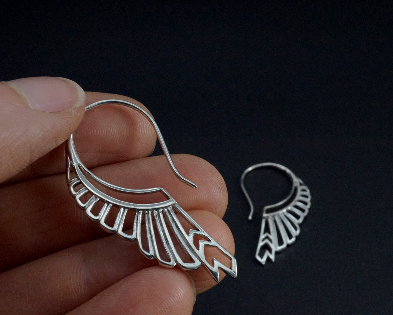 Solid Sterling Silver Feather Hoop Tribal Earrings
