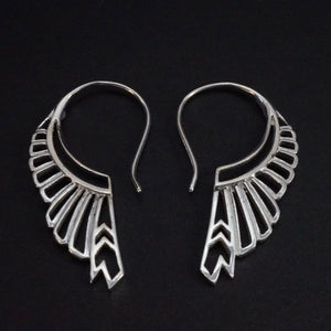 Solid Sterling Silver Feather Hoop Tribal Earrings