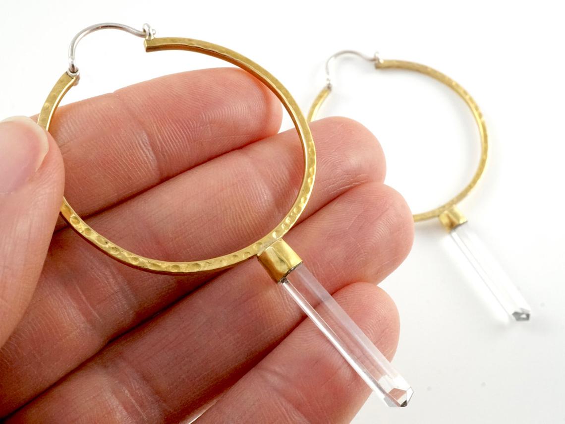 Crystal Hoop Earrings - Minimal Brass Hoops with Clear Quartz Crystal Points - Inspirational Jewelry. (216B)