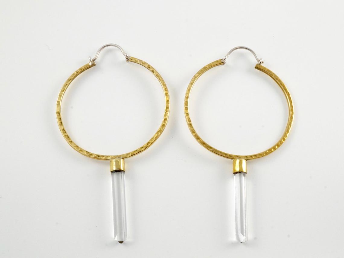 Crystal Hoop Earrings - Minimal Brass Hoops with Clear Quartz Crystal Points - Inspirational Jewelry. (216B)