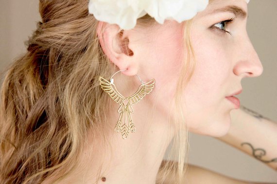 Rising Phoenix Statement Earrings in Gold-tone and Silver - Large bohemian Feather Earrings (152B)