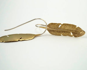 Feather Drop Earrings - Detailed Medium Artisan Feathers in Solid Brass with Sterling Ear-Wire (b172)
