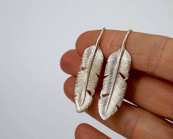 Silver Feather Dangle Earrings  - Solid Sterling Silver (172S)