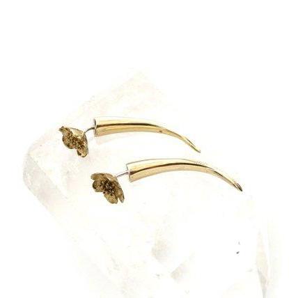 Wild Rose &amp; Thorn Earrings, Fake Gauges for Standard Piercings, Brass Tribal Roses (178B)