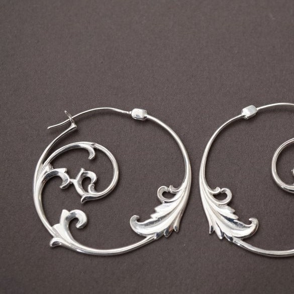 Large Hoop Earrings - Solid Sterling Silver - Floral Vine Art Nouveau Leaf hoops (S98)