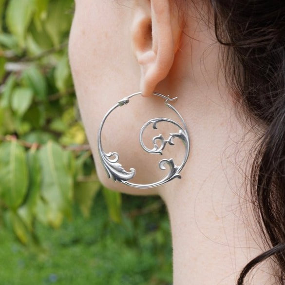 Large Hoop Earrings - Solid Sterling Silver - Floral Vine Art Nouveau Leaf hoops (S98)