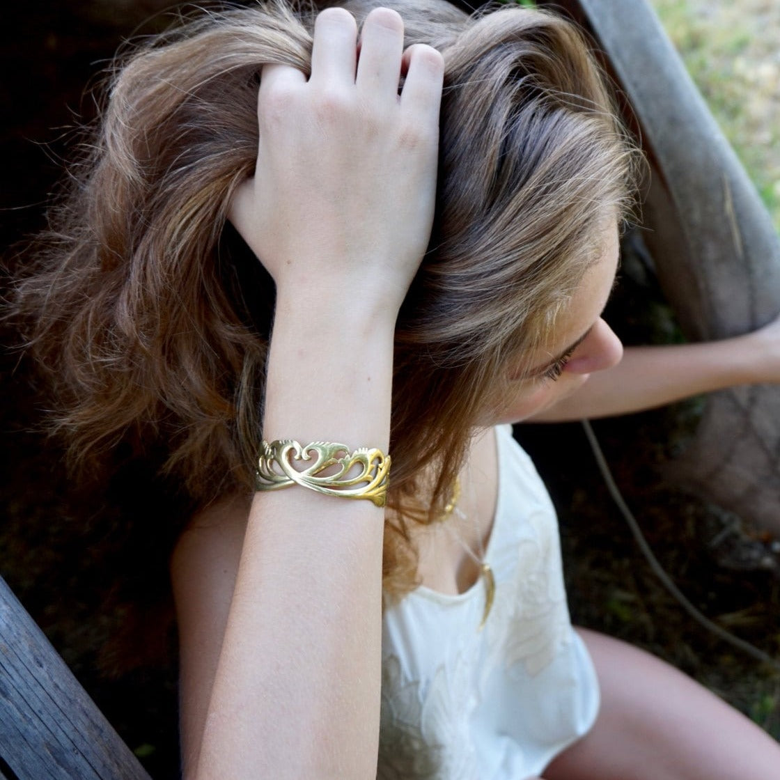 Cuff Bracelet - Art Nouveau Goddess Cuff - Gold-tone Boho Bracelet