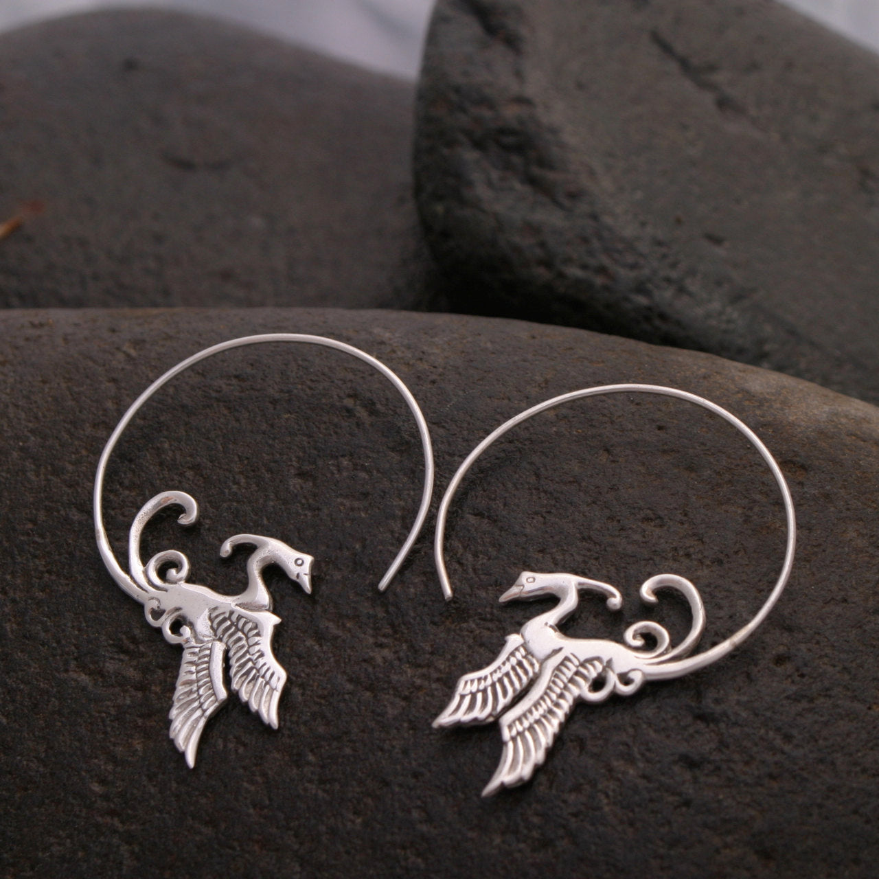 Rising Phoenix Bird Hoop Earrings in Solid Sterling Silver (S52)