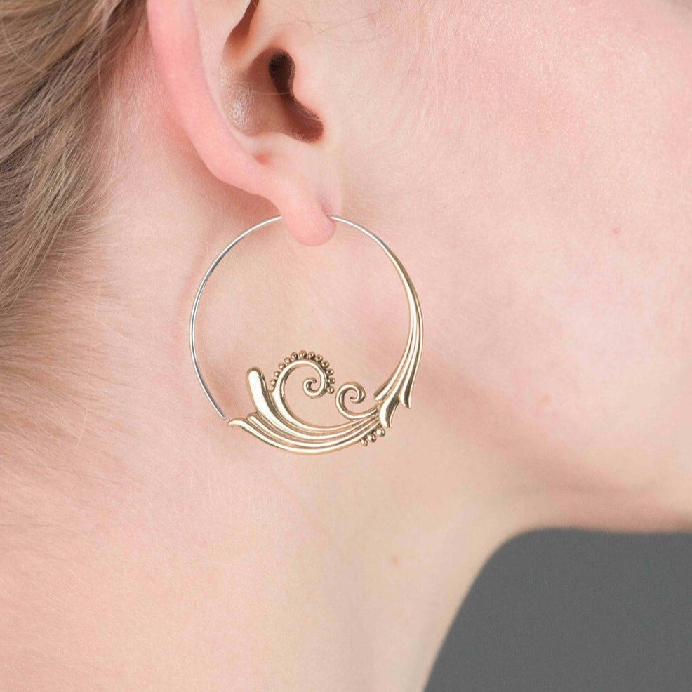 Tribal Hoop Earrings - Medium Gold tone Spiral Hoops - Art Nouveau Earrings (041B)