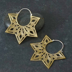 Mandala Earrings - Large Brass Hoops - Star Earrings - Tunnel Earrings - Gold Star - Boho Hoops (140B)