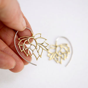 Lotus Flower Tribal Earrings Small Brass  Hoop Earrings with solid sterling ear-wire - gift for her (b158)