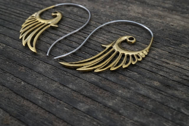 Feather Wing Earrings Brass with Silver Ear-stems