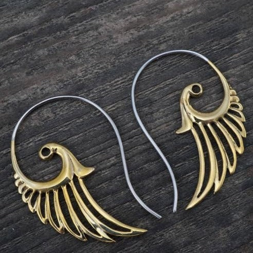 Feather Wing Earrings Brass with Silver Ear-stems