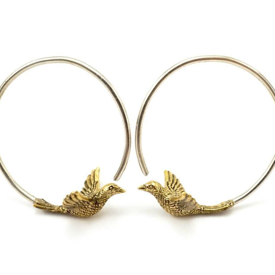 Small Bird Hoop Earrings - love birds - Nature jewelry
