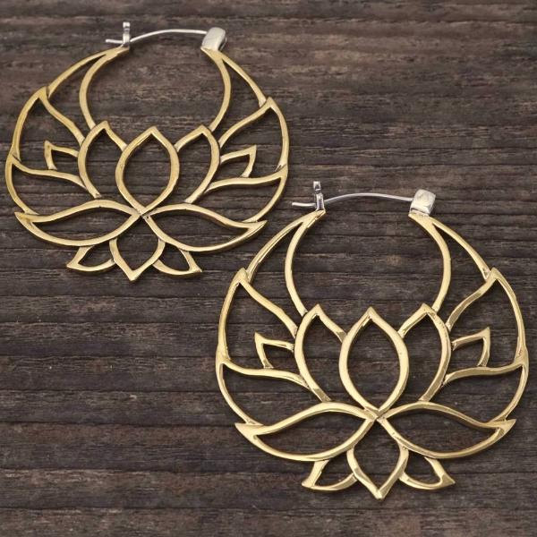 Lotus Flower Tribal Earrings Large Brass