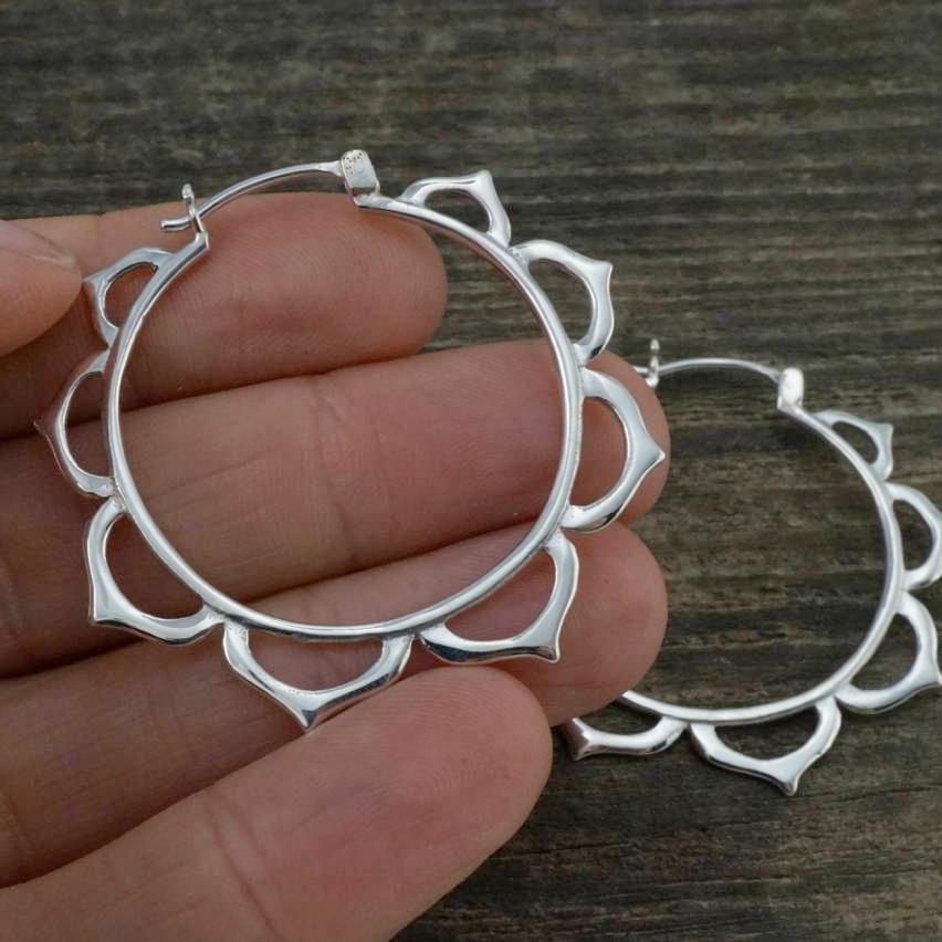 Medium Tribal Lotus Hoop Earrings in Solid Sterling Silver (082S)