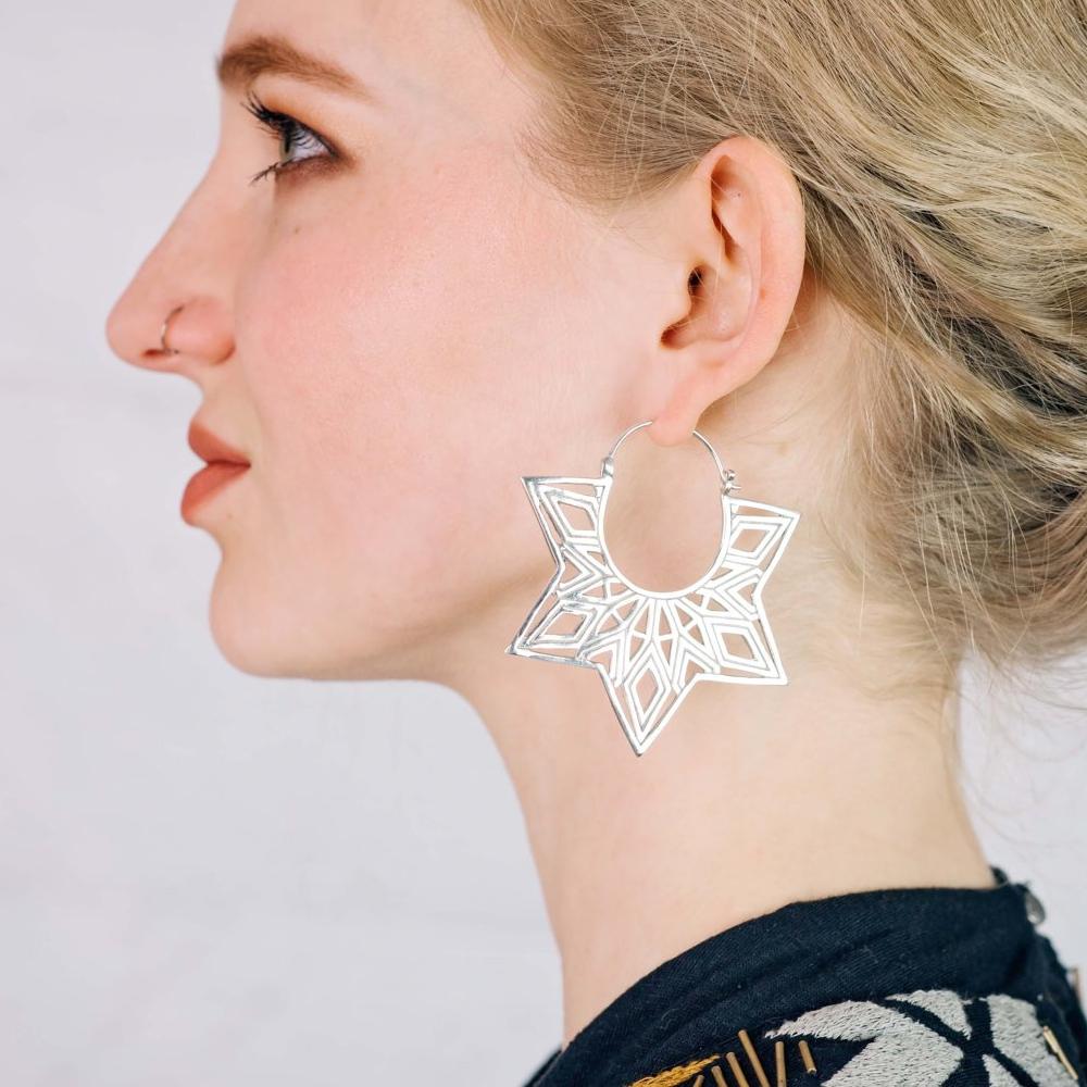 Mandala Earrings - Large Sterling Silver Earrings - Star Hoops - Statement Earrings - Tunnel Earrings - Mandala Jewelry - Boho Hoops (140S)