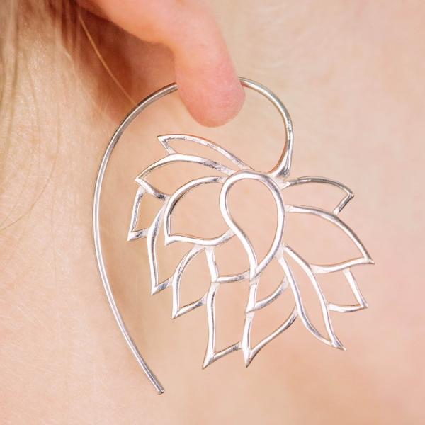 Lotus Earrings - Silver Flower Hoops - solid sterling silver tribal Jewelry (158S)