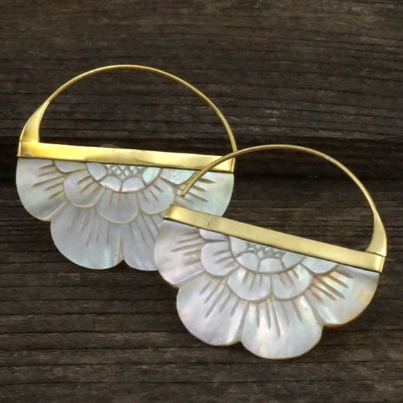 Boho Flower Hoop Earrings in Mother of Pearl - Brass Large