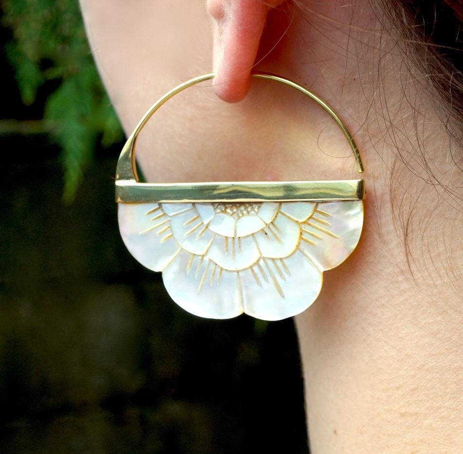 Boho Flower Hoop Earrings in Mother of Pearl - Brass Large