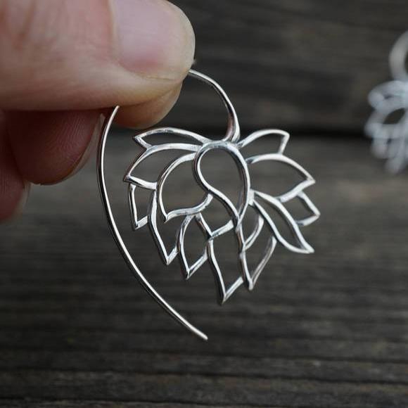 Lotus Earrings - Silver Flower Hoops - solid sterling silver tribal Jewelry (158S)