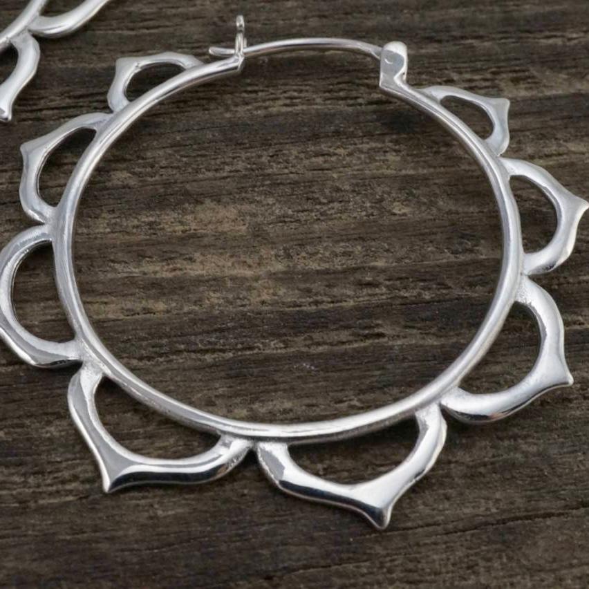 Medium Tribal Lotus Hoop Earrings in Solid Sterling Silver (082S)