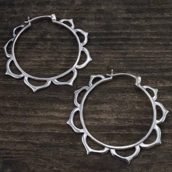 Medium Tribal Lotus Hoop Earrings in Solid Sterling Silver (082S)