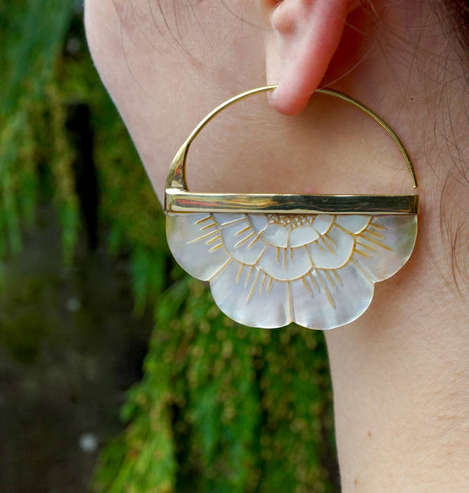 Mother of Pearl Earrings - Large Flower hoops -  Sterling Silver Bezel (S160)