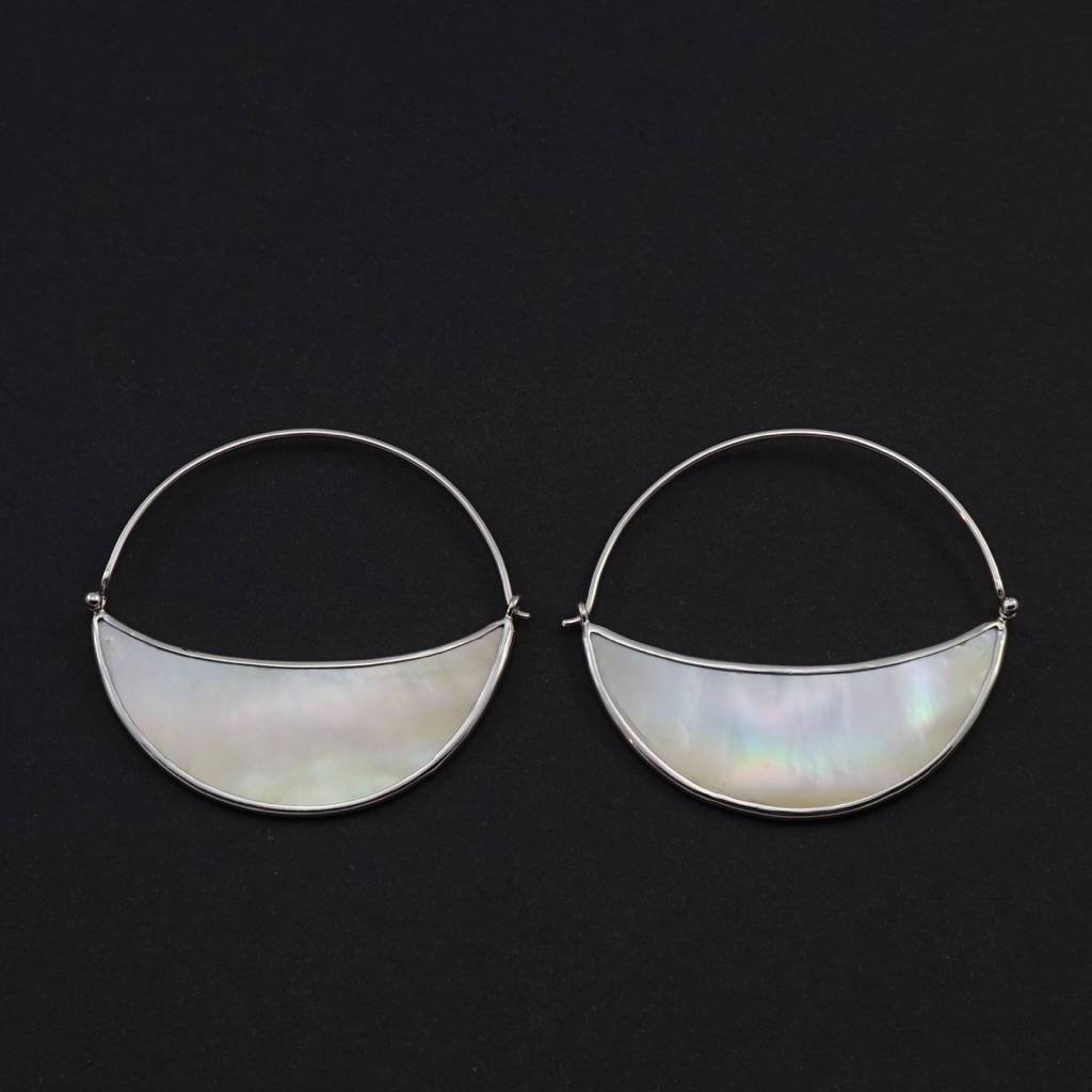 Silver Mother of Pearl Moon Earrings - Crescent moon hoop - Sterling Silver - Lunette Hoop