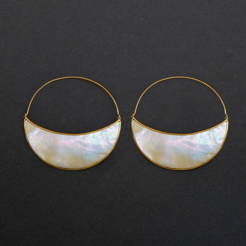 Crescent Moon Medium Hoop Earrings - Mother-of-Pearl and Brass