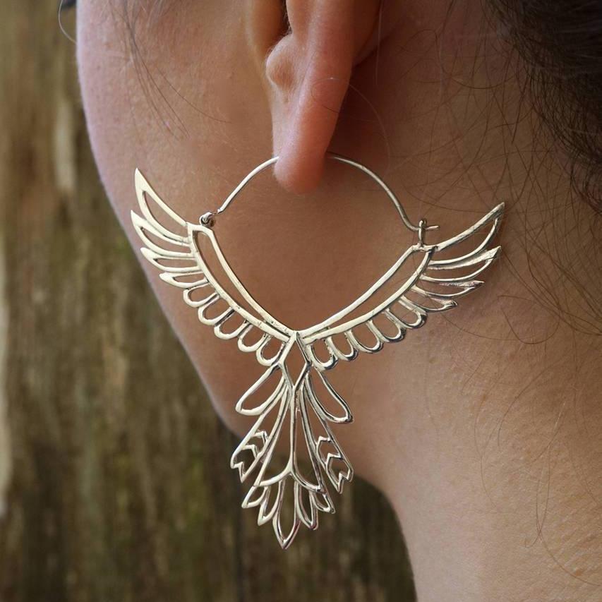 Large Phoenix Bird Statement Earrings in Solid Sterling Silver - Large Feather Hoops - Tribal Goddess Jewelry (S152)