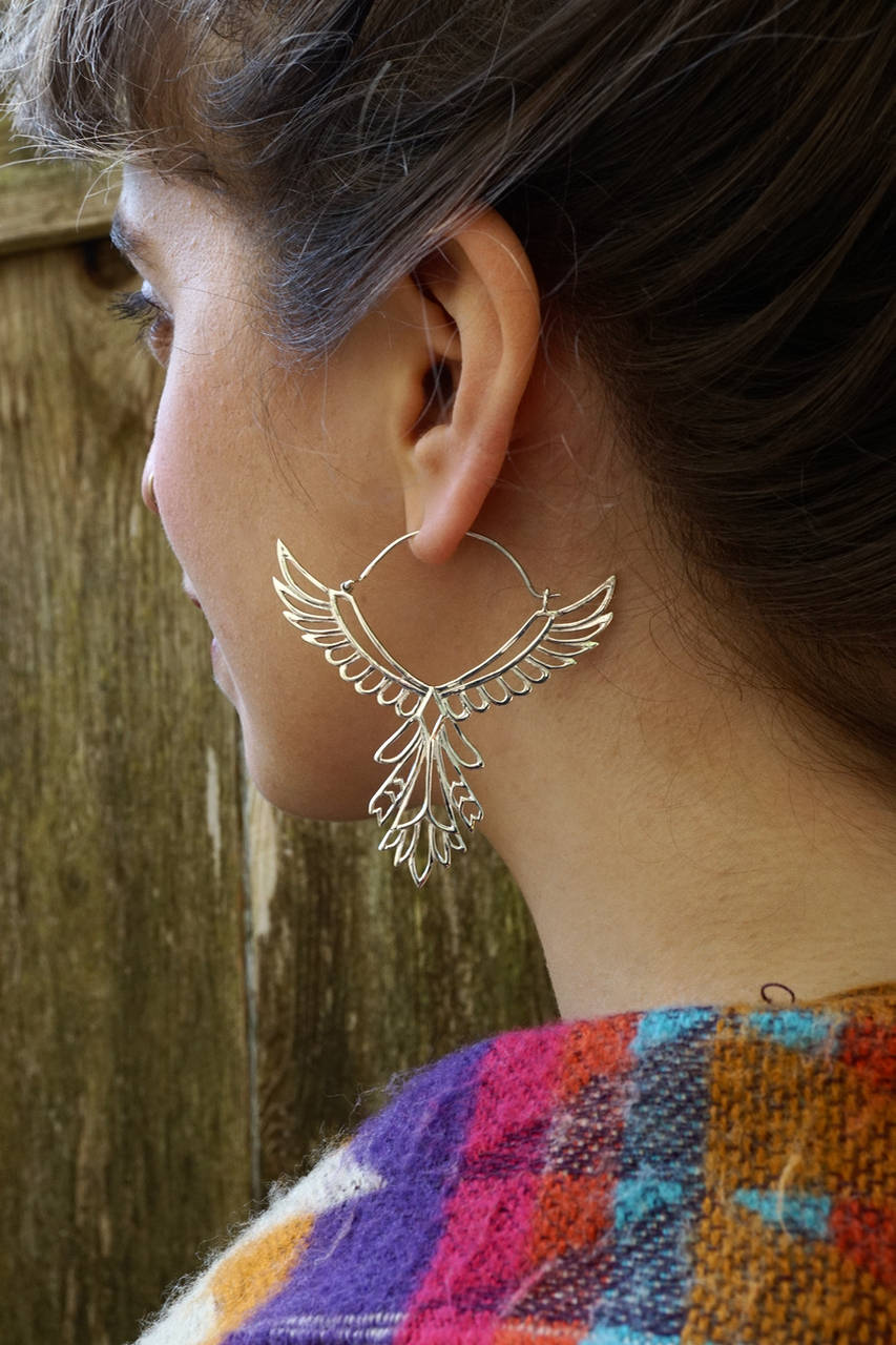 Large Phoenix Bird Statement Earrings in Solid Sterling Silver - Large Feather Hoops - Tribal Goddess Jewelry (S152)