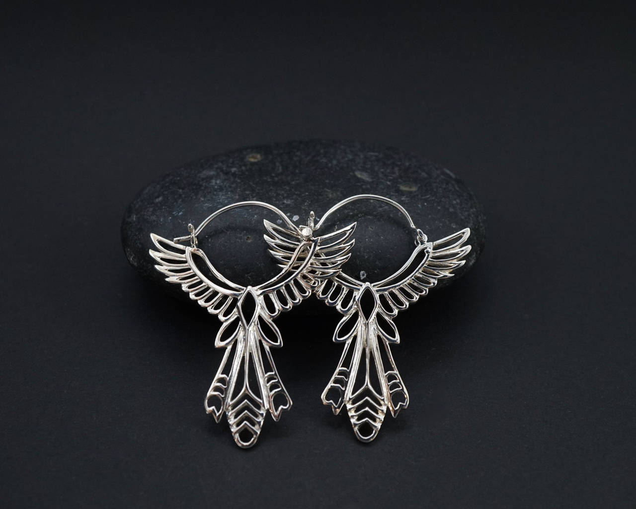 Sterling Silver Phoenix Feather Earrings - Thunderbird Statement Jewelry - Tribal Bird Jewelry (150S)