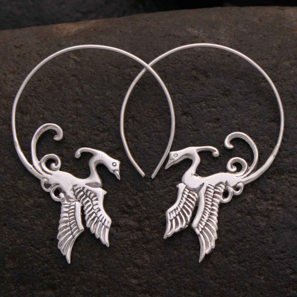 Rising Phoenix Bird Earrings Artisan Brass and Silver