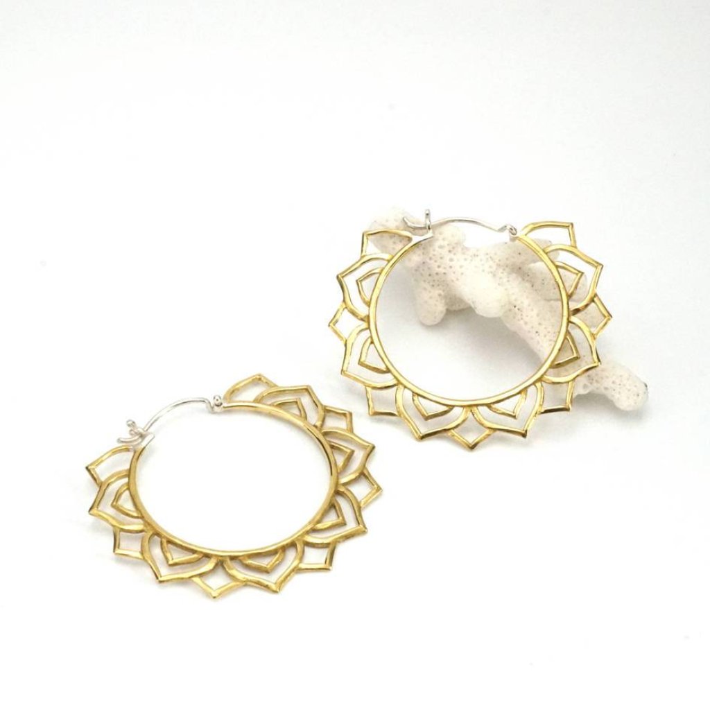 Brass Mandala Star Hoop Earrings with Sterling Silver Posts - Tribal Hoops - Statement Earrings - Yogi Jewelry (194B)