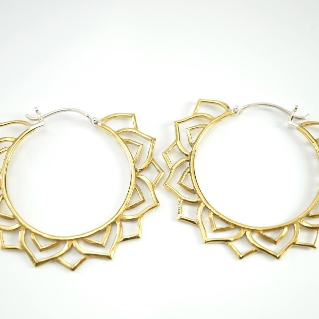 Brass Mandala Star Hoop Earrings with Sterling Silver Posts - Tribal Hoops - Statement Earrings - Yogi Jewelry (194B)