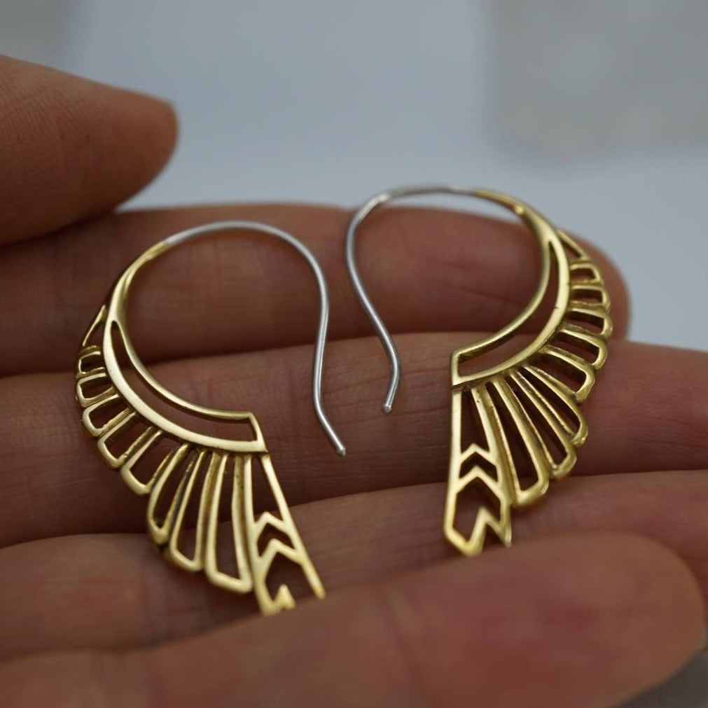 Feather Wing Earrings - gold-tone with silver ear-stems - huntress