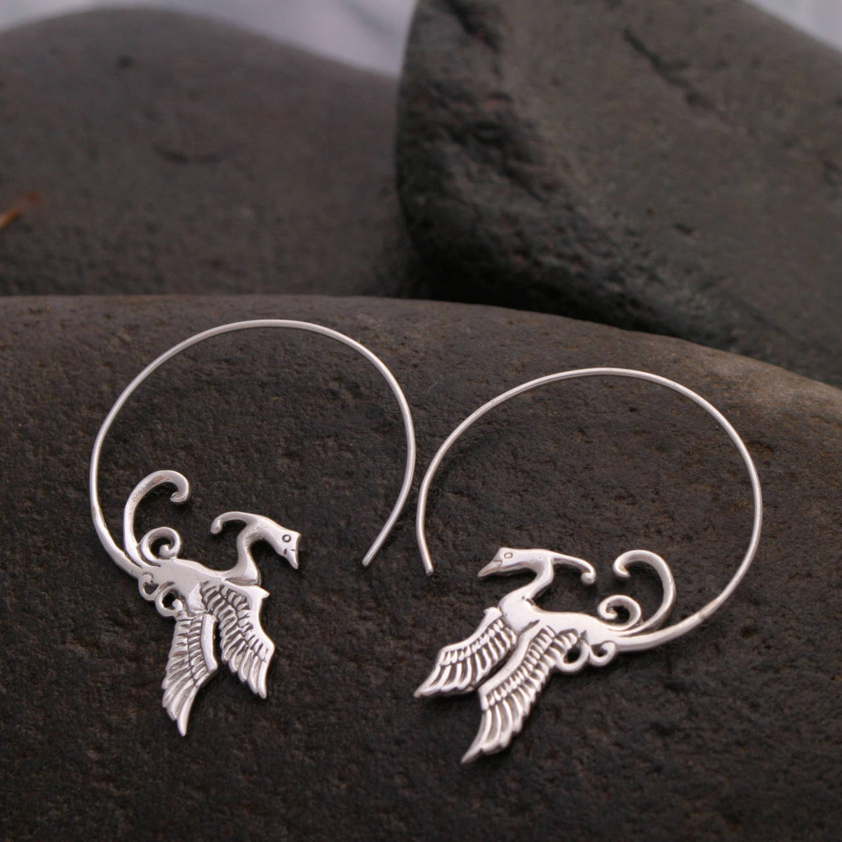 Rising Phoenix Bird Earrings Artisan Brass and Silver