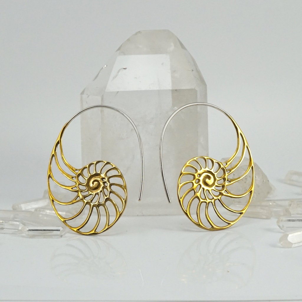 Ammonite Nautilus Earrings Gold-tone with Silver Ear-wires - TheBlissfulCo
