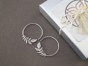 Leaf Earrings - Small Sterling Silver Hoop Earrings - Olive Leaves. (134S)
