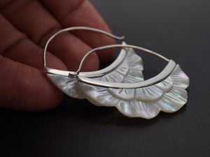 Crescent Moon Flower Hoop Earrings - Mother of pearl with Sterling Silver Bezel (s222)