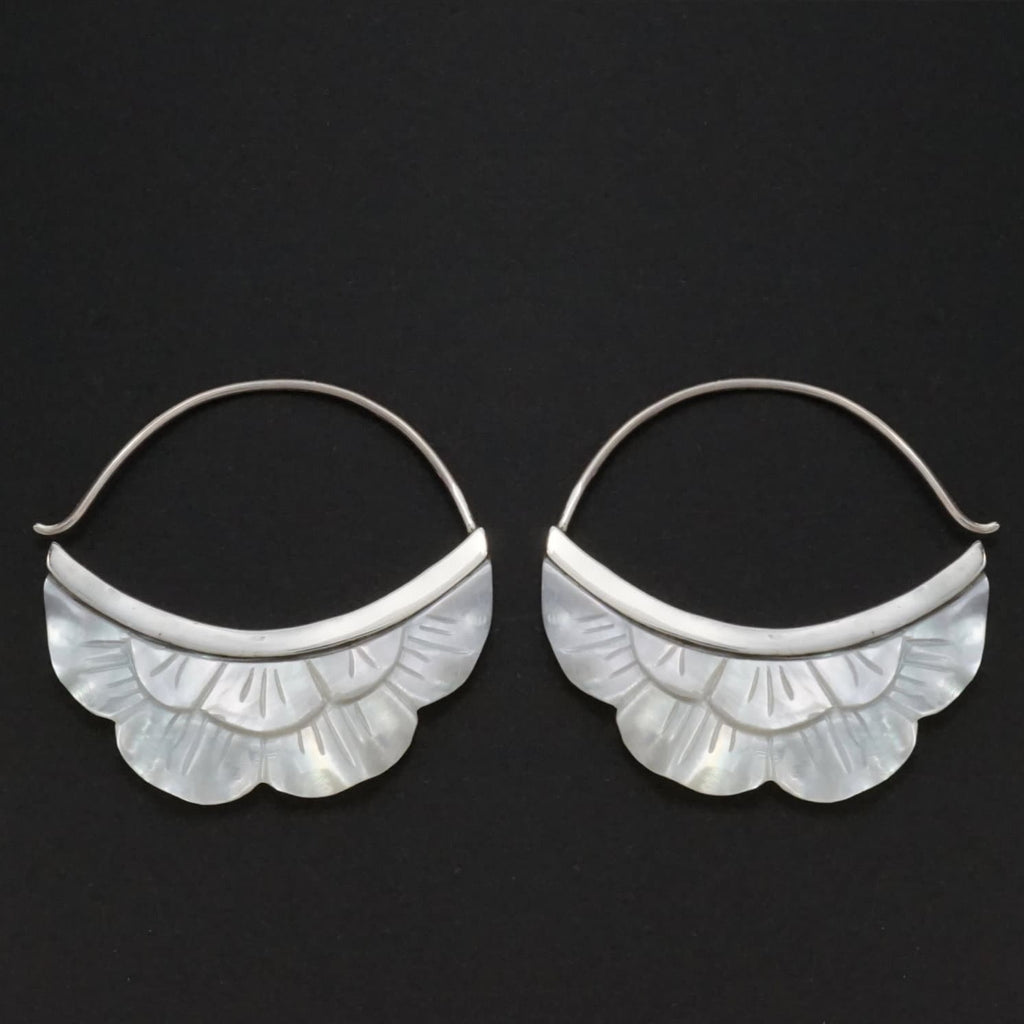 Mother of Pearl Large Flower Hoop Earrings - hand carved outlets (160B)