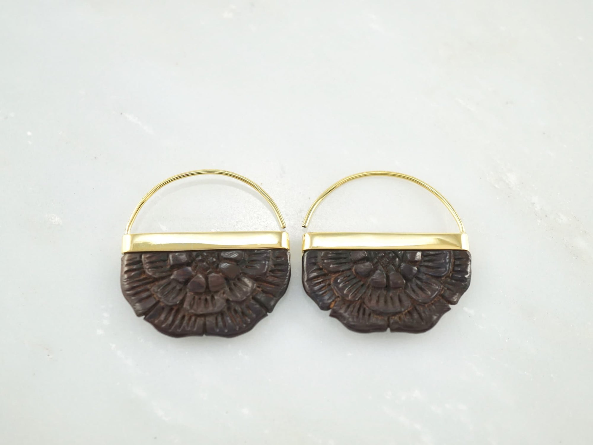 Small Hand-Carved Wood Flower Earrings with Brass Bezel.