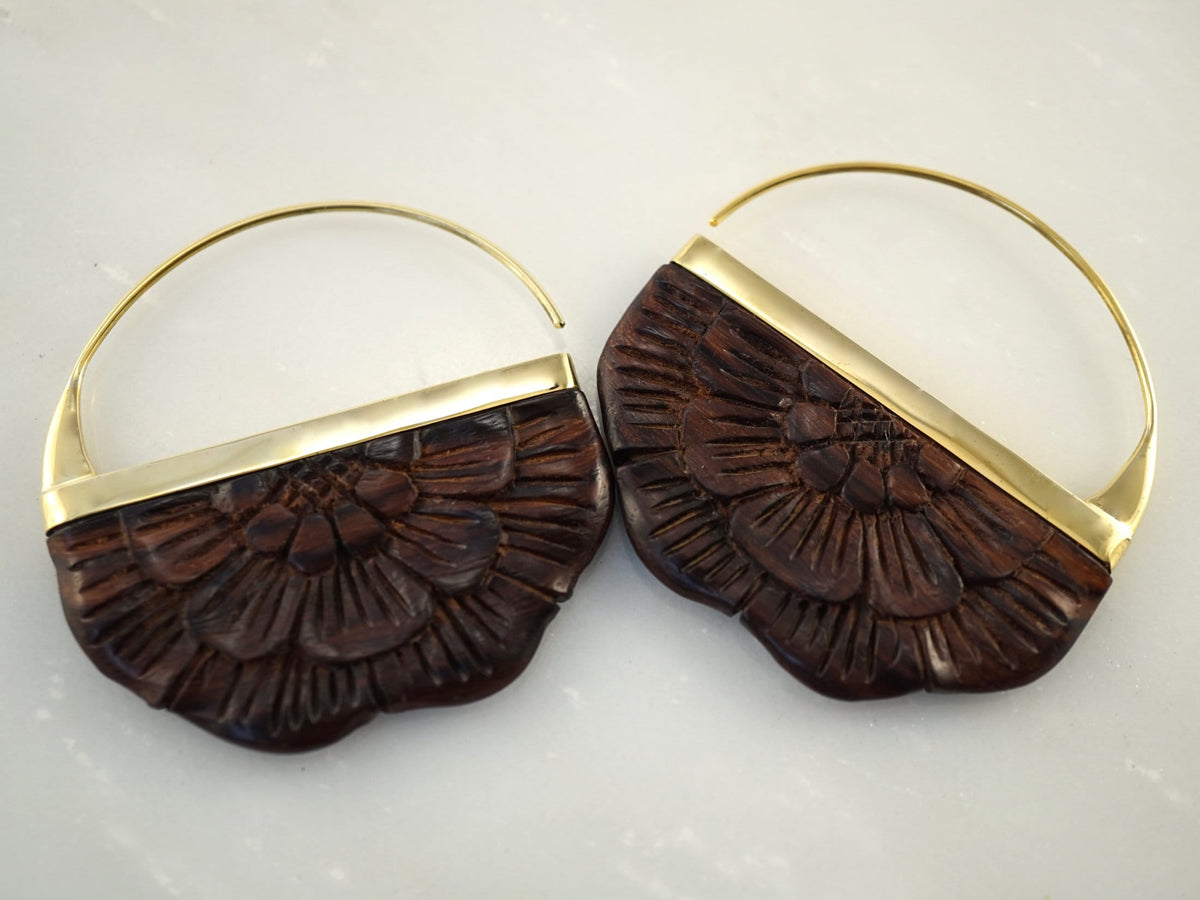 Wood Earrings - Flower earrings Brass - Large Rising Sun