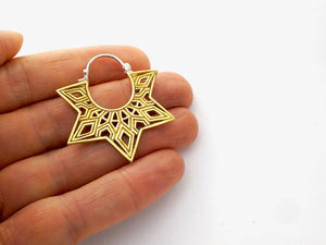 Mandala Earrings - Sterling Silver - Star Earrings - Tunnel Earrings - Gold Star - Boho Hoops (244)