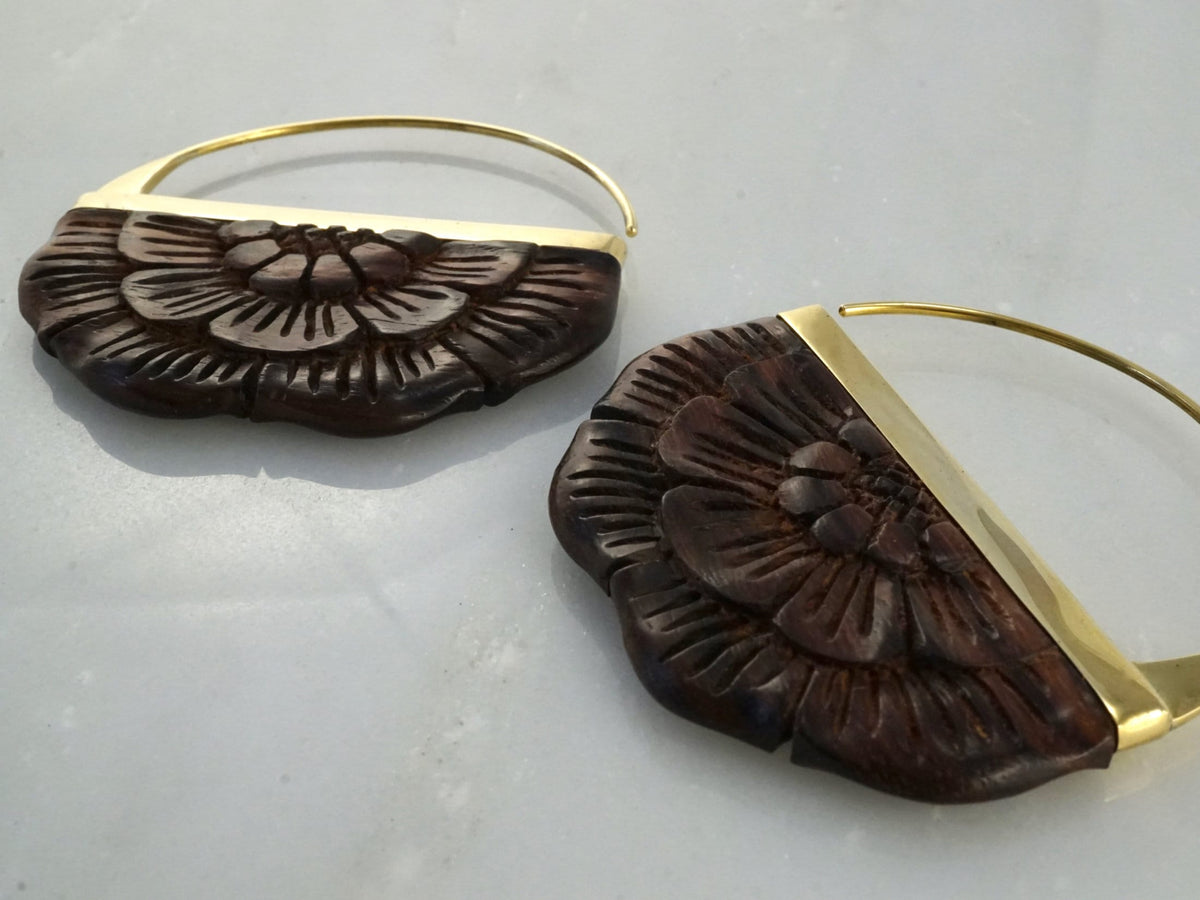 Wood Earrings - Flower earrings Brass - Large Rising Sun